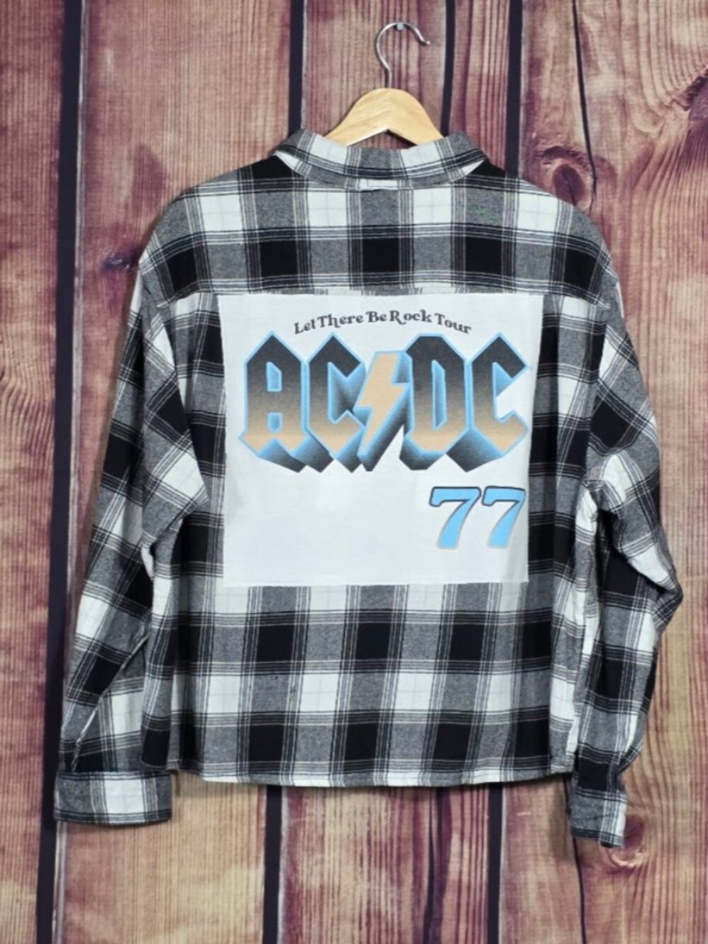 Upcycled AC/DC Let There Be Rock Flannel Plaid Cropped Top XL